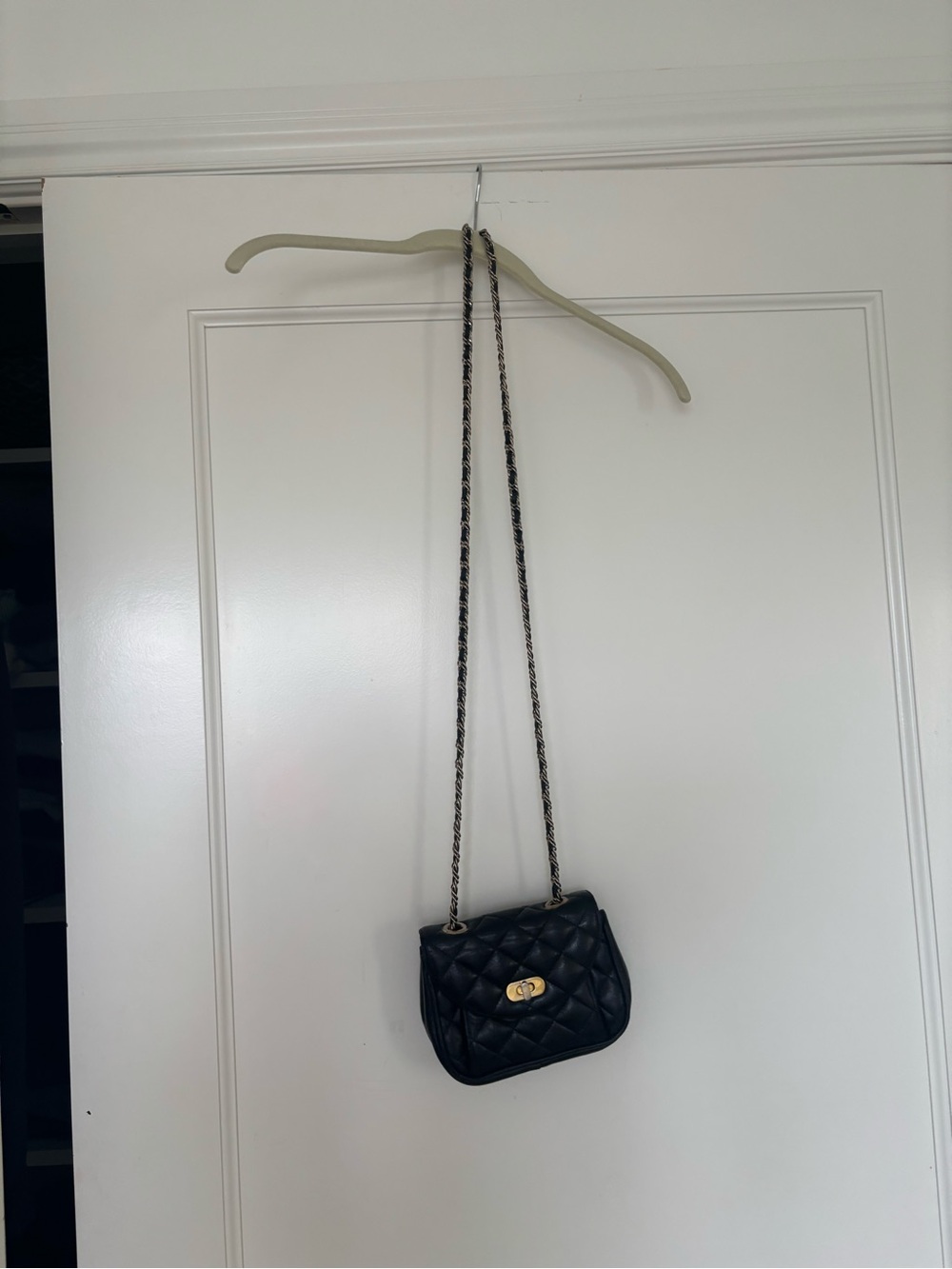 Quilted Black Shoulder Bag with Gold-Tone Turn Lock